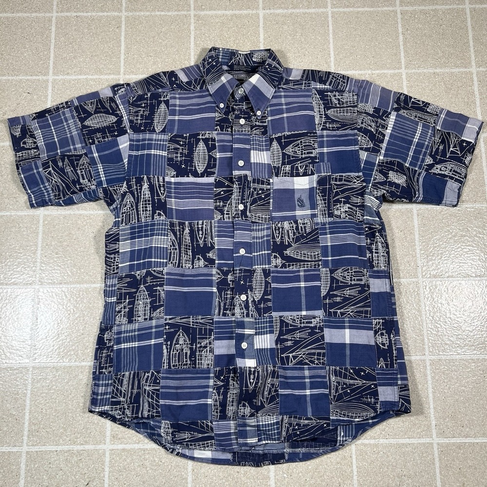 VTG Nautica Blue Plaid Patchwork Boat Blueprint Button Down Shirt Size Medium